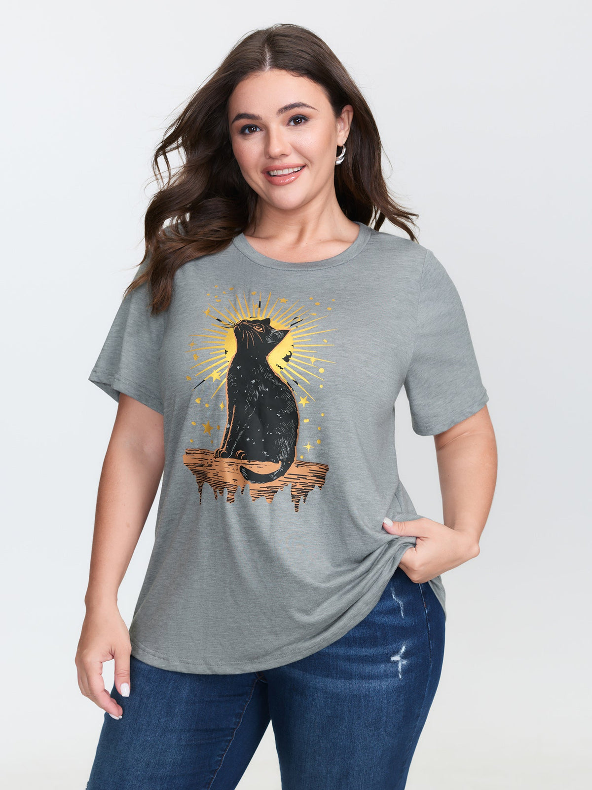 Midnight Cat Print Stretchy T-Shirt