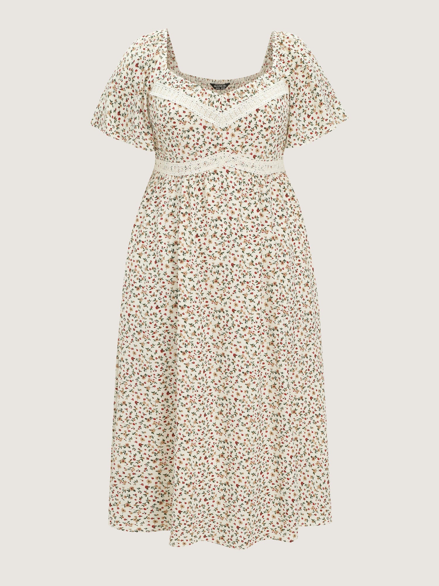 Ditsy Floral Print Sweetheart Lace Neckline Midi Dress