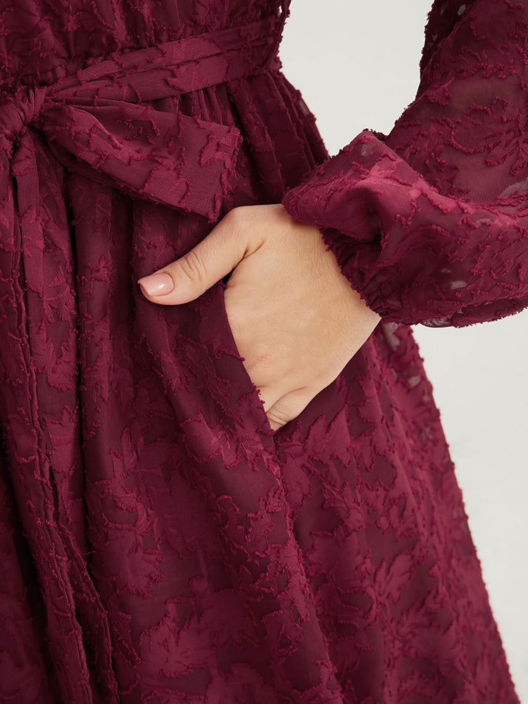 Floral Pocket Lantern Sleeve Belted Surplice Neck Dress
