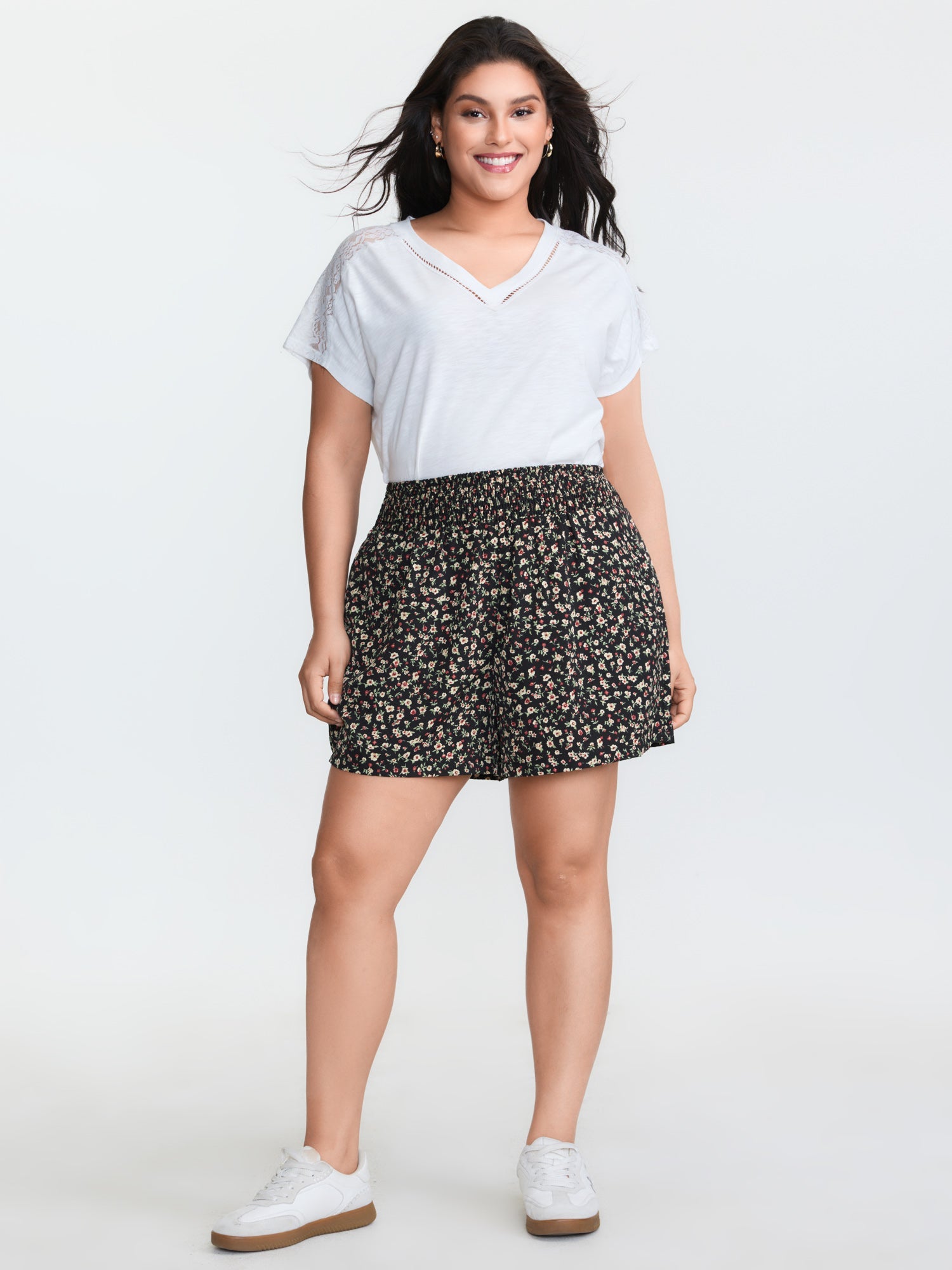 Micro Floral Print Shirred Waist Shorts