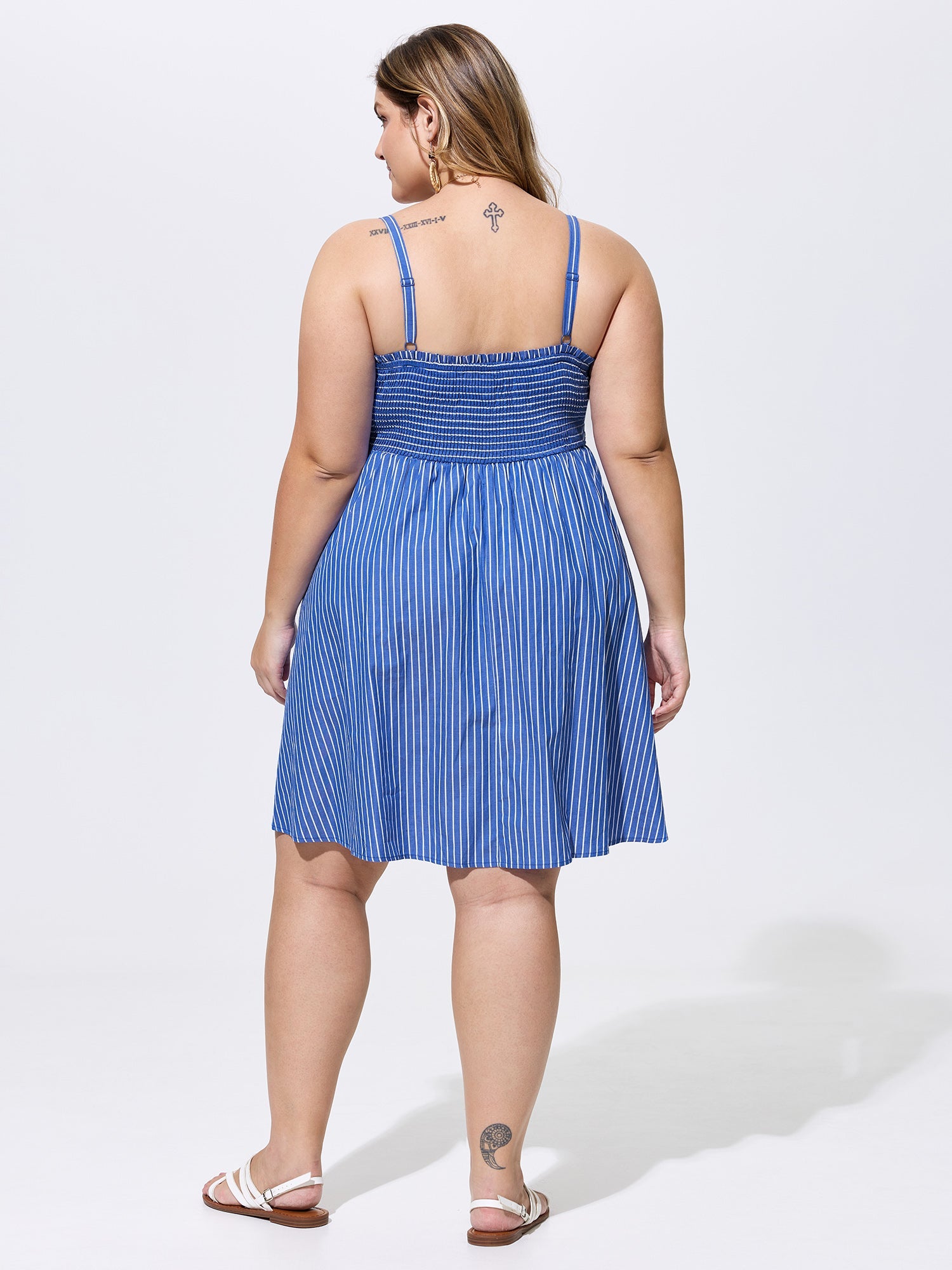 Cotton Striped Square Neckline Shirred Back Mini Dress