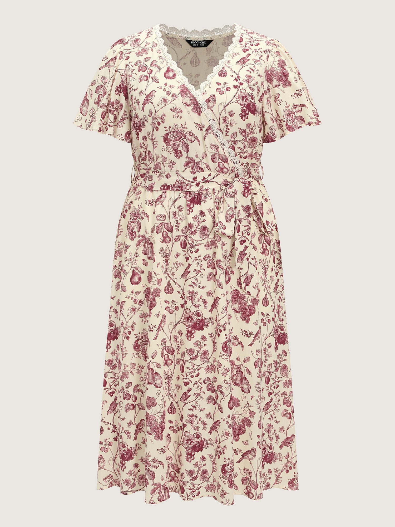 Garden Print Lace Neckline Midi Dress