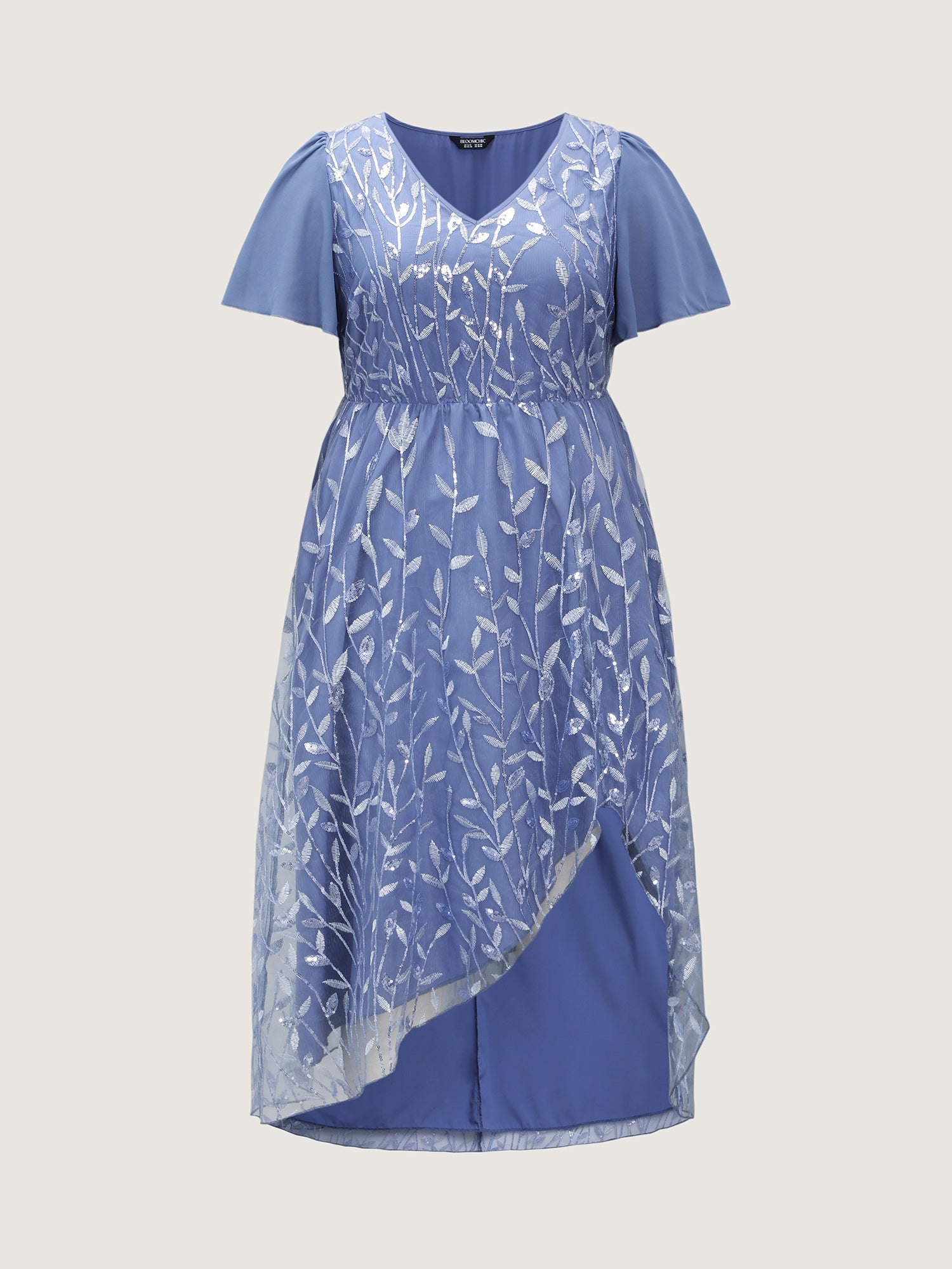 Lace Mesh Petal Hem Leaf Sequin Midi Dress