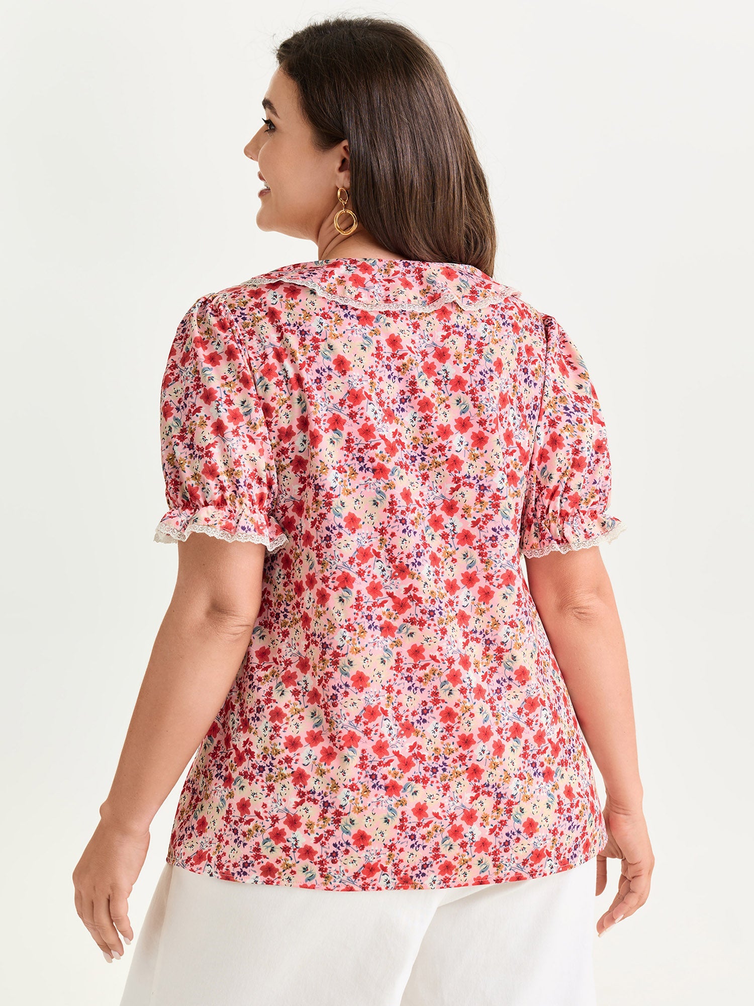 Sweet Floral Print Lettuce Leaf Detail Blouse