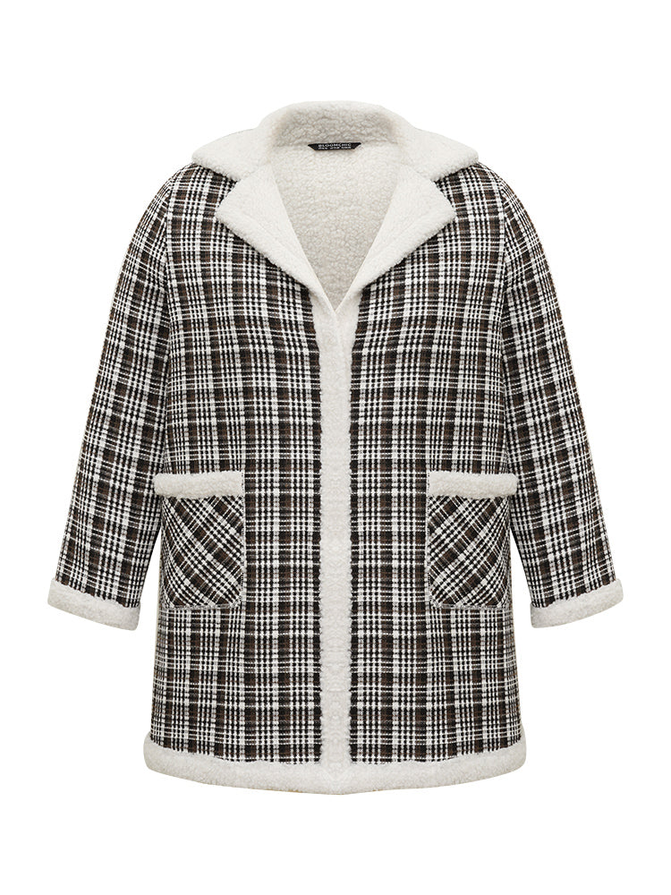 Plaid Fuzzy Trim Patchwork Lapel Collar Pocket Coat
