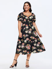 Floral Print Puffy Sleeve Shirred Midi Dress
