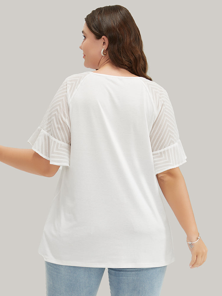 Plain Geometric Mesh Raglan Sleeve Ruffle Trim T-shirt