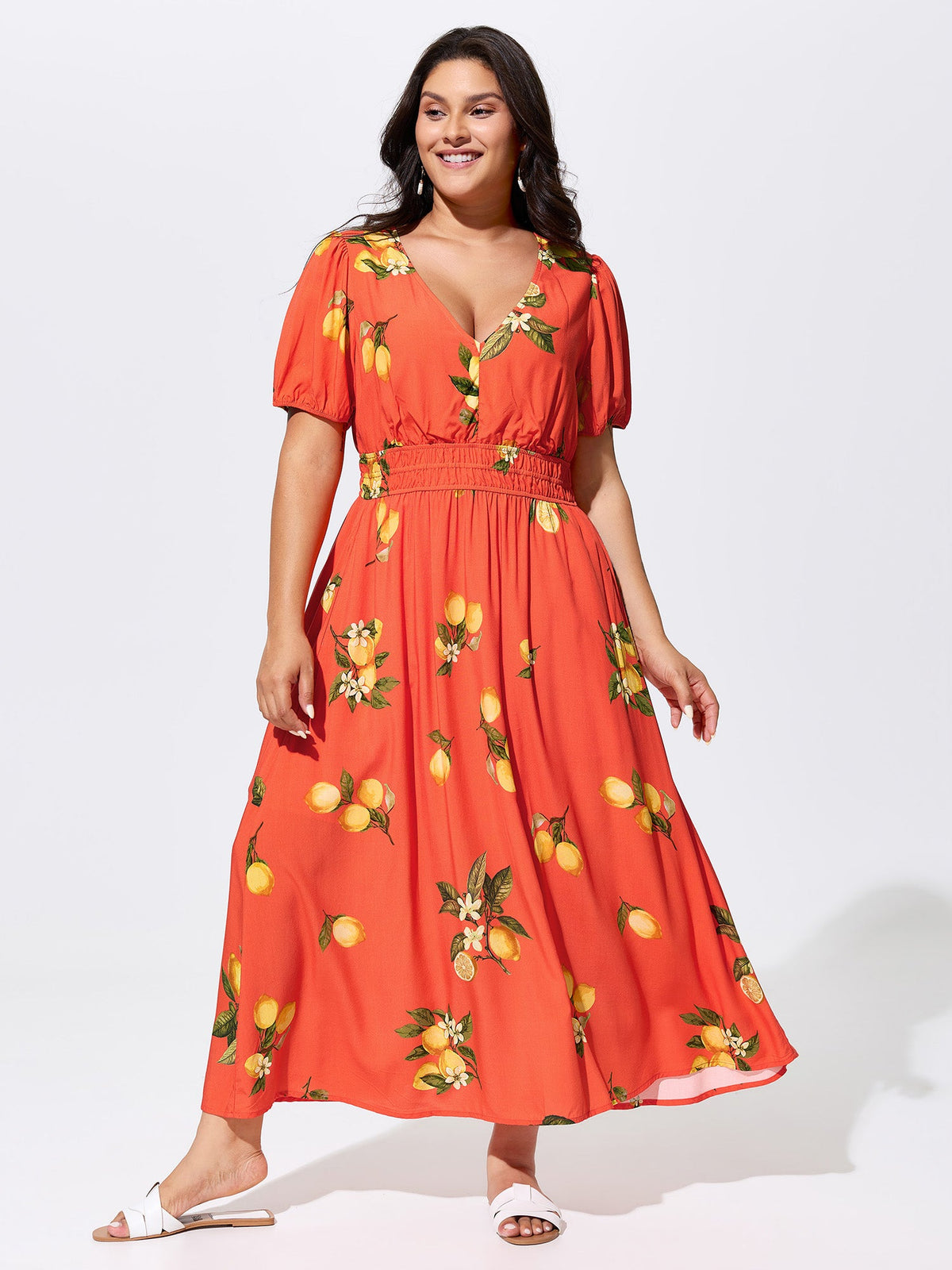 Citrus Floral Print Puff Sleeve Maxi Dress