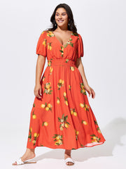 Citrus Floral Print Puff Sleeve Maxi Dress