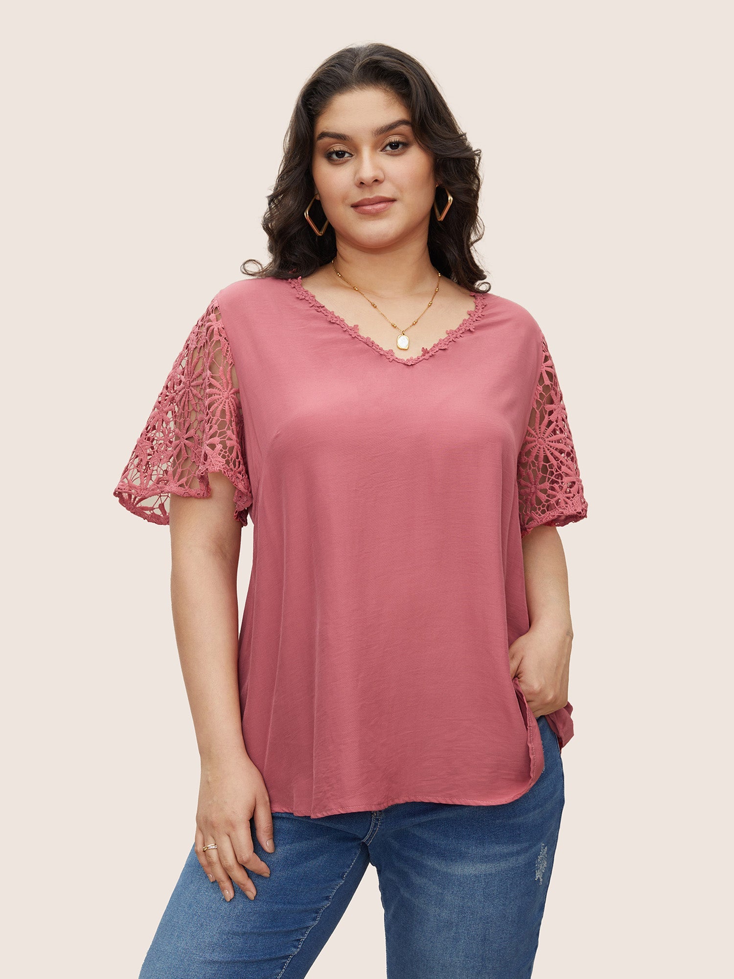 Plain V Neck Floral Patchwork Blouse