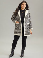 Plaid Fuzzy Trim Patchwork Lapel Collar Pocket Coat