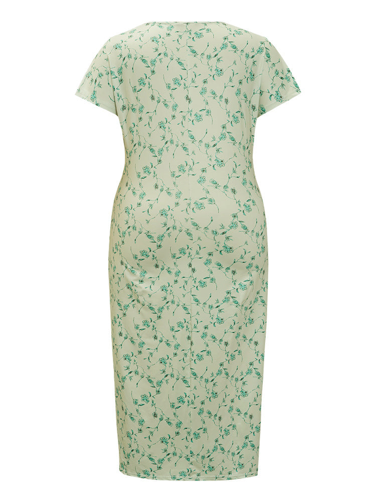 Floral Printed Split Hem Cap Sleeve Ruched Dress