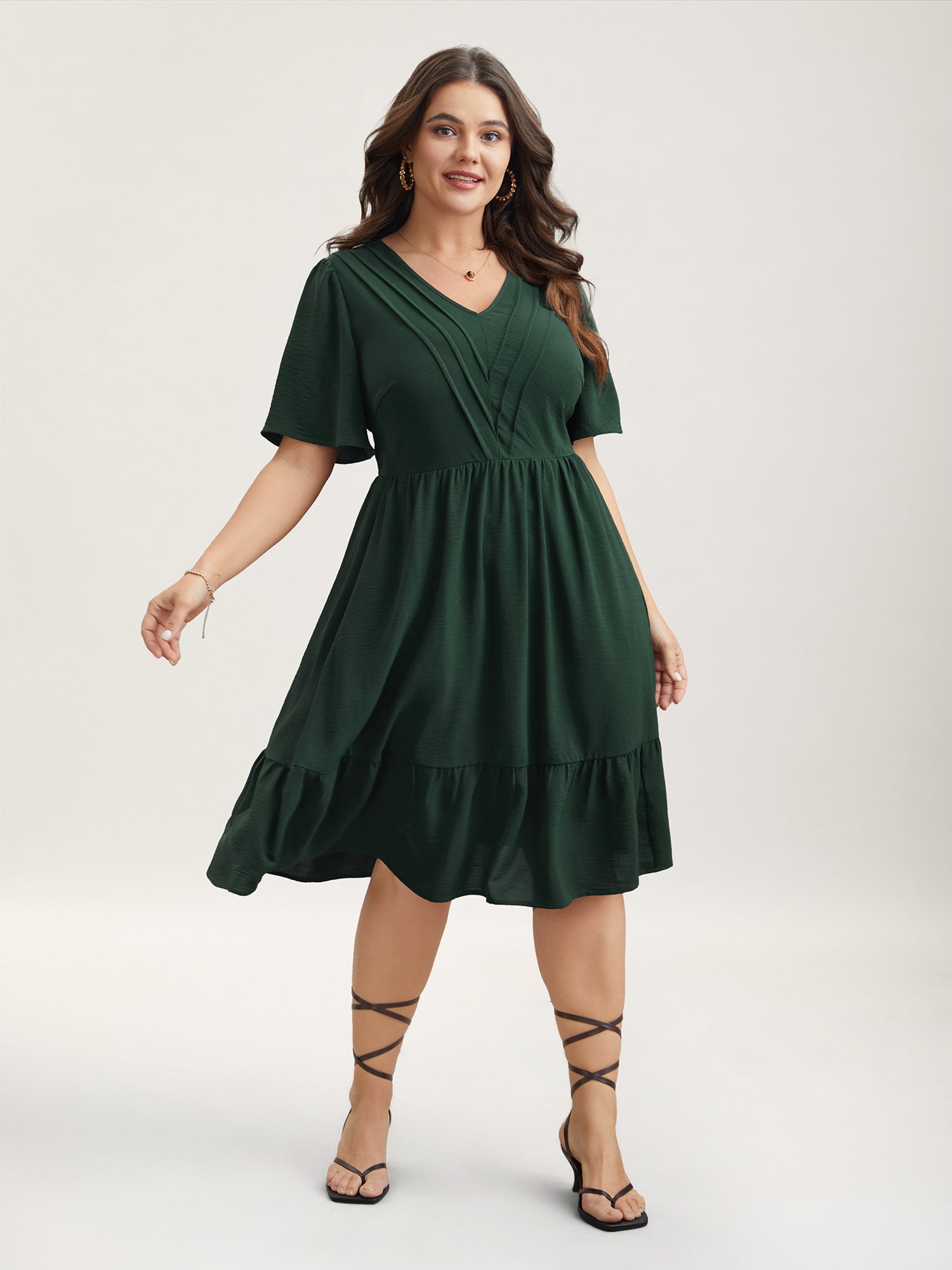 Bib-Front V-Neck Pockets Tiered Mini Dress
