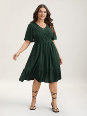 Bib-Front V-Neck Pockets Tiered Mini Dress