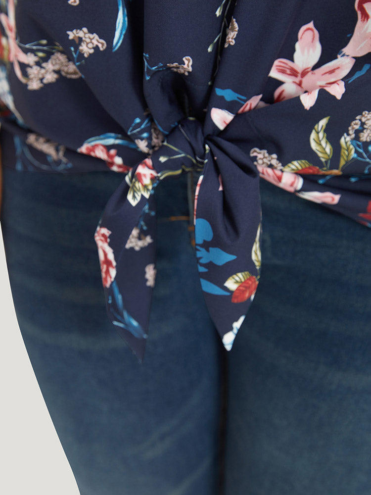 Floral Print V Neck Ruffle Sleeve Twist Hem Blouse