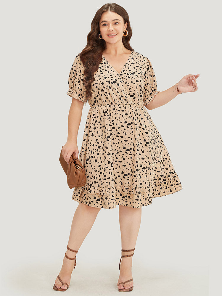 Leopard Print Puff Sleeve Pocket Wrap Ruffle Trim Dress