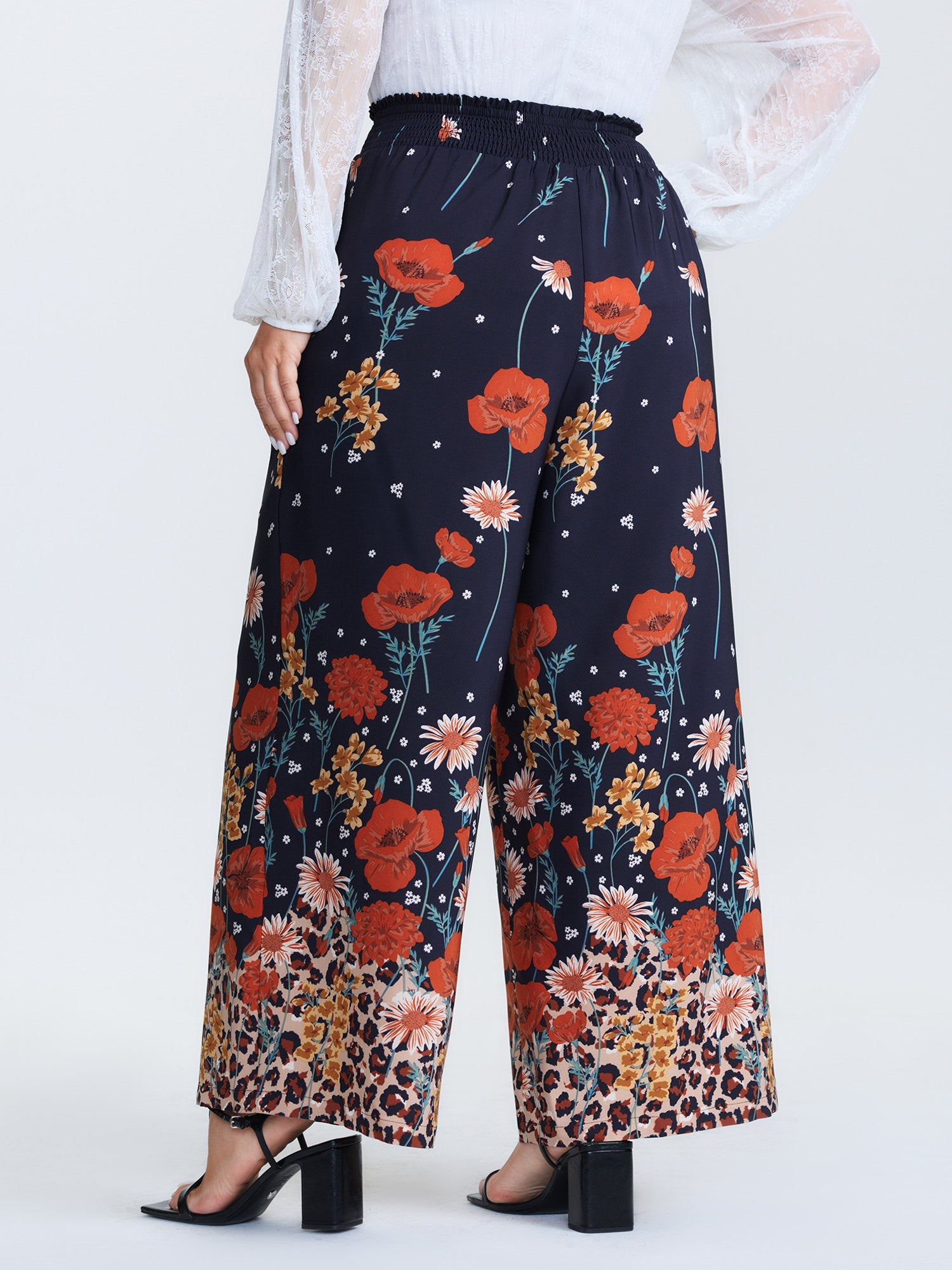 Floral Print Shirred Waist Wide Leg Pants