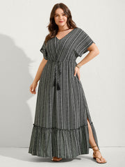Striped Tassel Drawstring Tiered Midi Dress