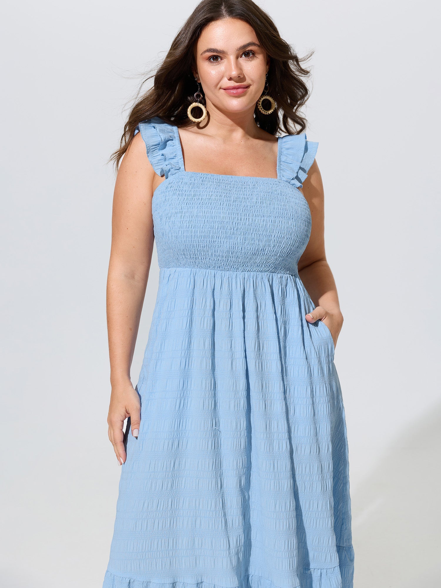 Shirred Bodice Ruffled Straps Flowy Midi Dress