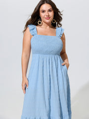 Shirred Bodice Ruffled Straps Flowy Midi Dress
