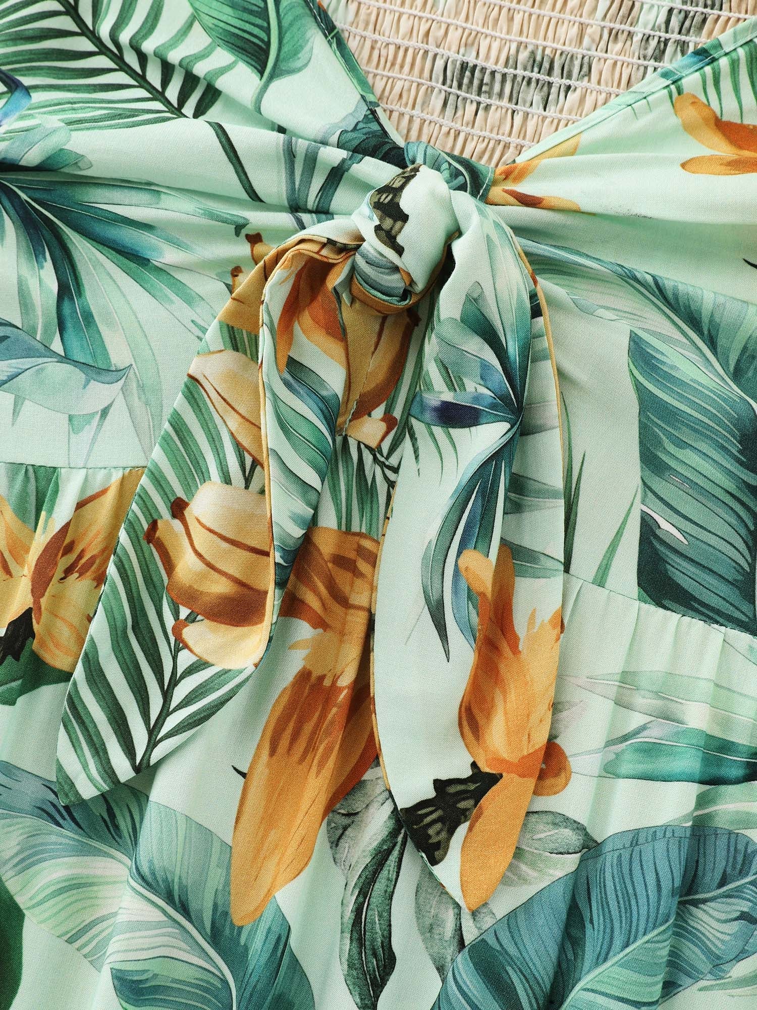 Tropical Print Shirred Knotted Front Maxi Dress