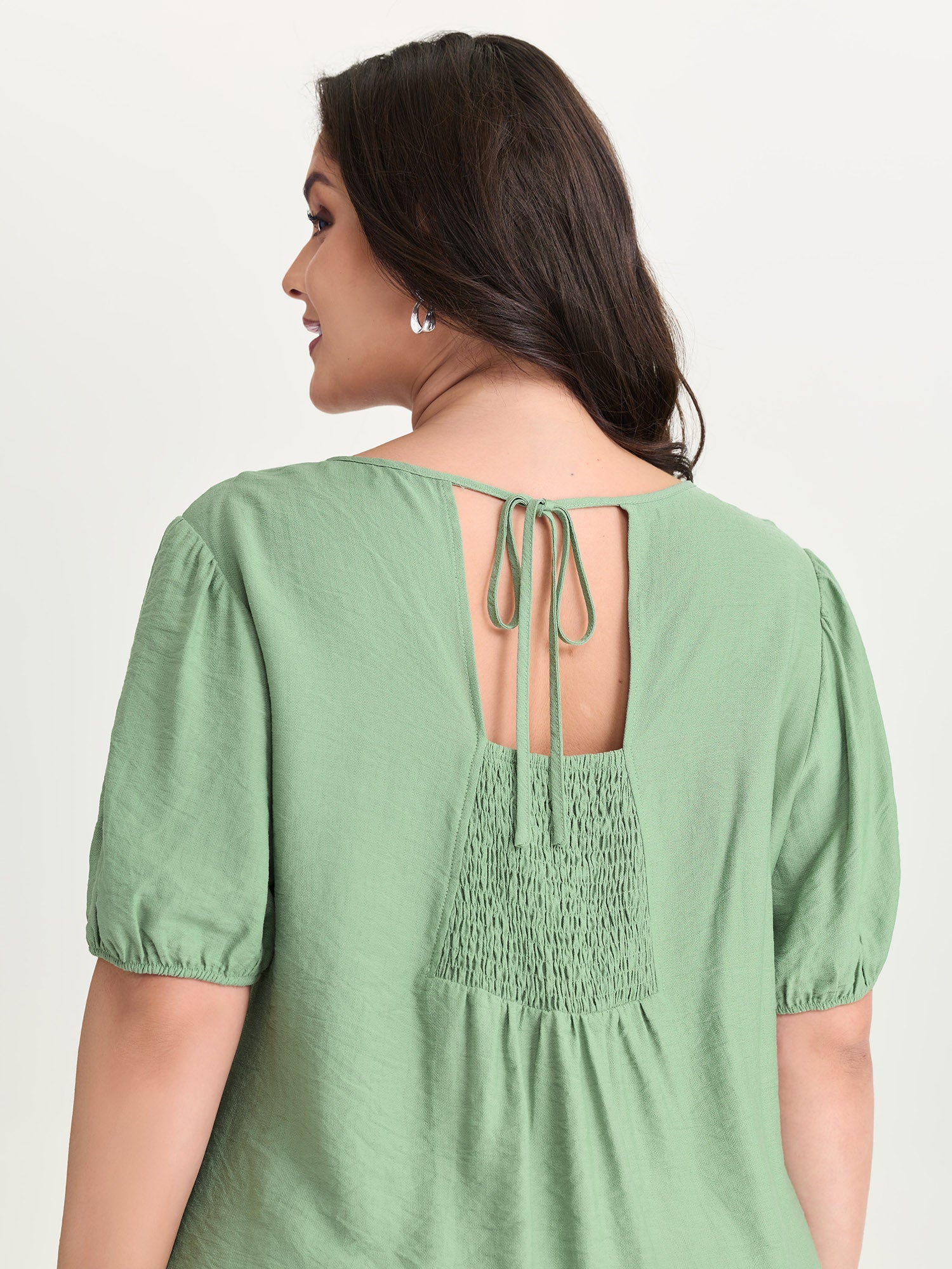 Shirred Puff Sleeve Keyhole Neckline Blouse