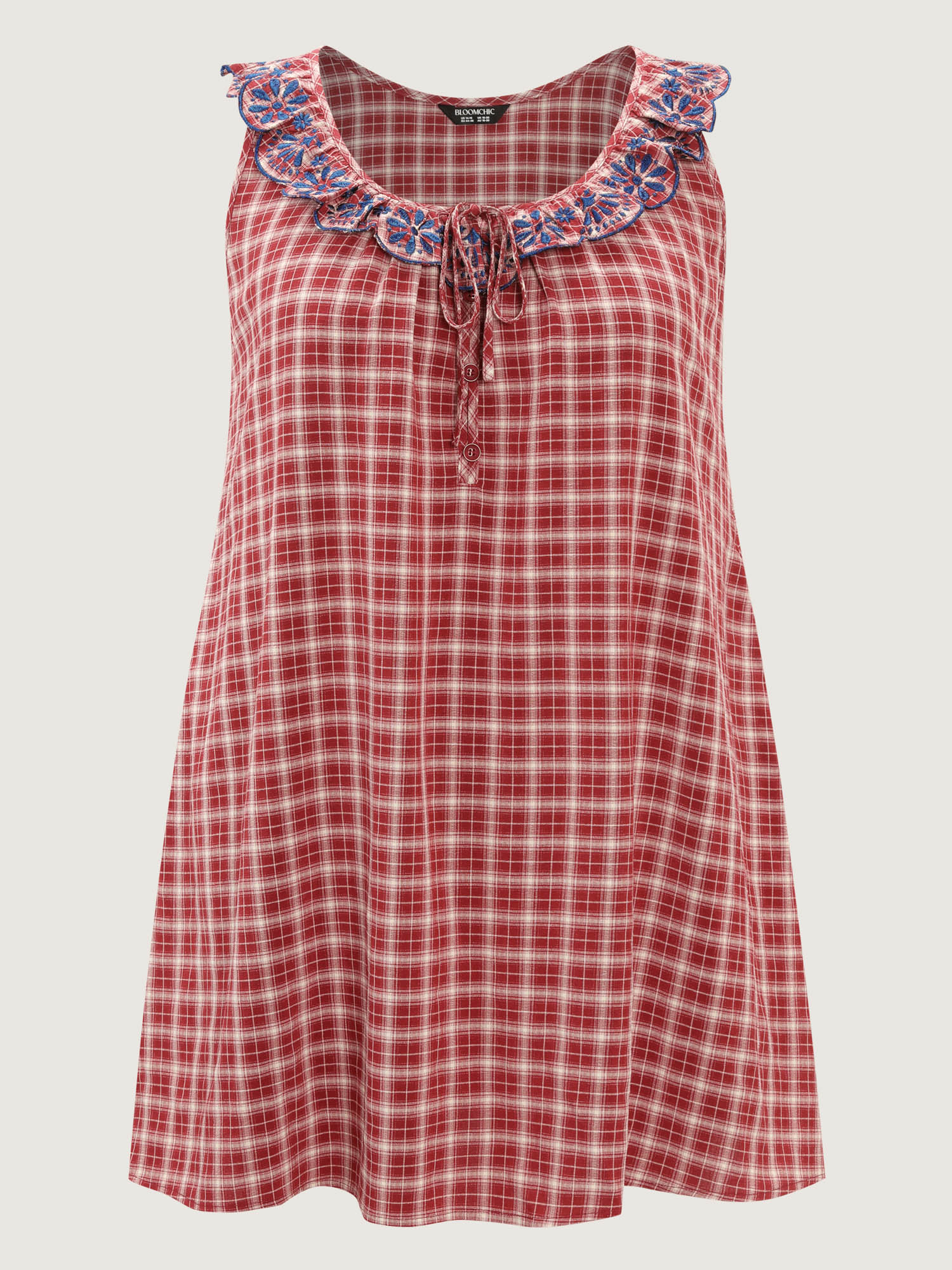 Gingham Print Embroidered Neckline Flowy Nightgown