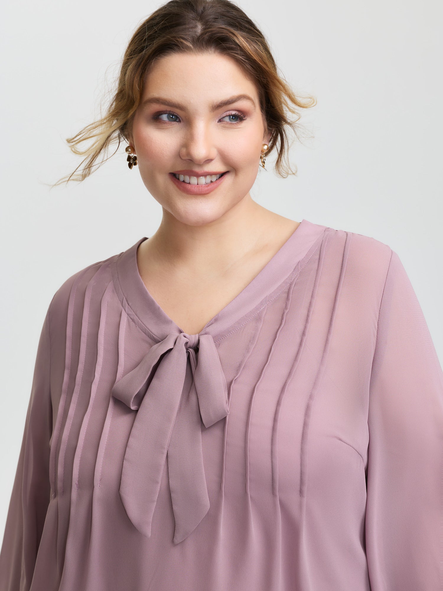 Toothpick Pleats Neck-Tie Sheer Blouse