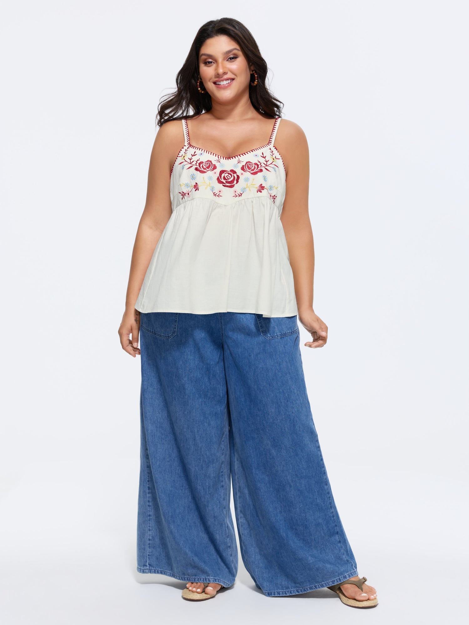 Floral Embroidered Neckline Babydoll Top