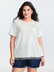 Cotton Stretchy Colorful Tassels Round Neck T-Shirt