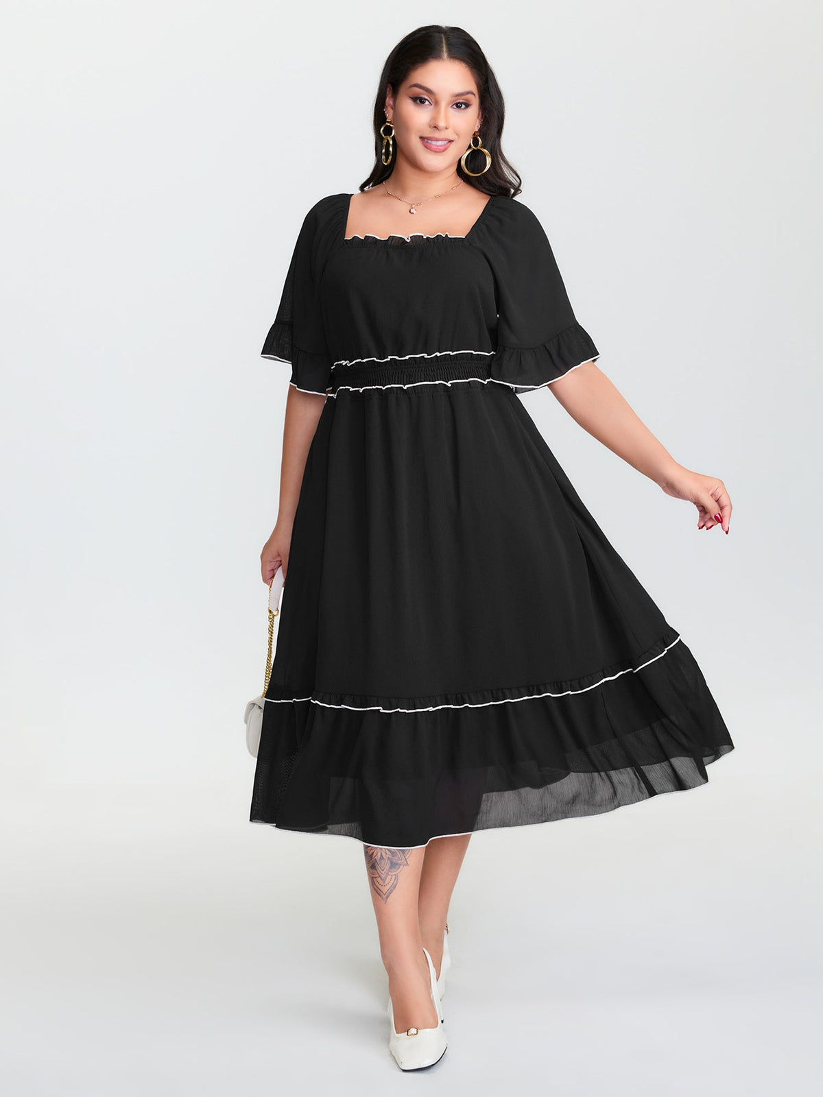 Ruffled Neckline Color Contrast Midi Dress
