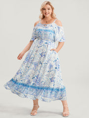 Off Shoulder Tie Neck Floral Print Midi Dress