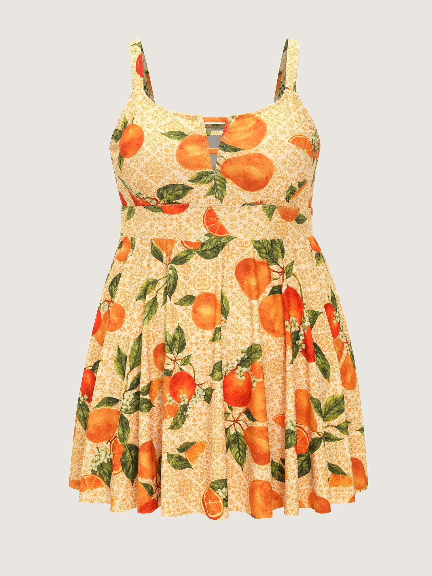 Orange Print Pockets Cut-Out Swim Dress