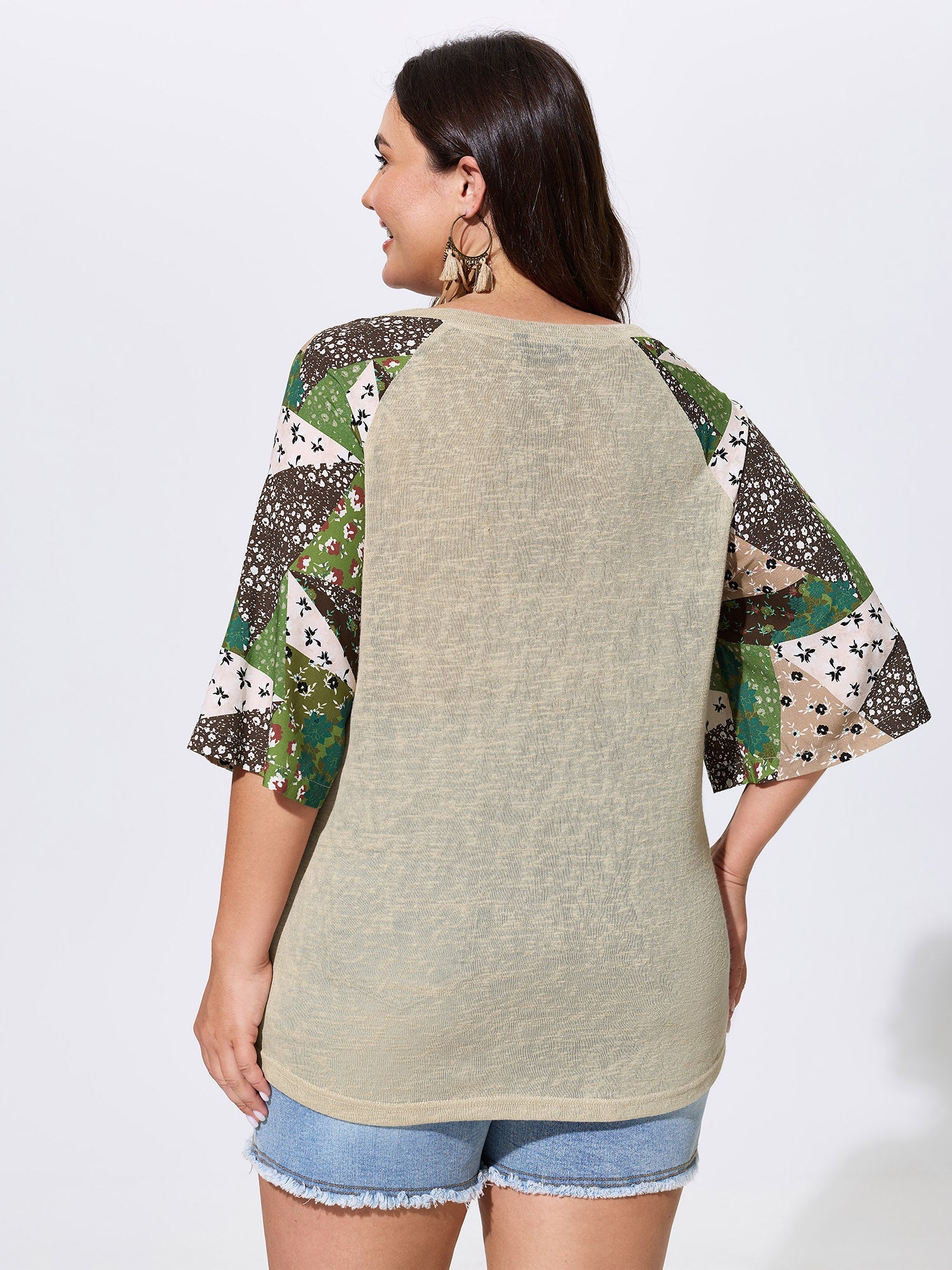 Stretchy Floral Print Raglan Sleeve Knit Top