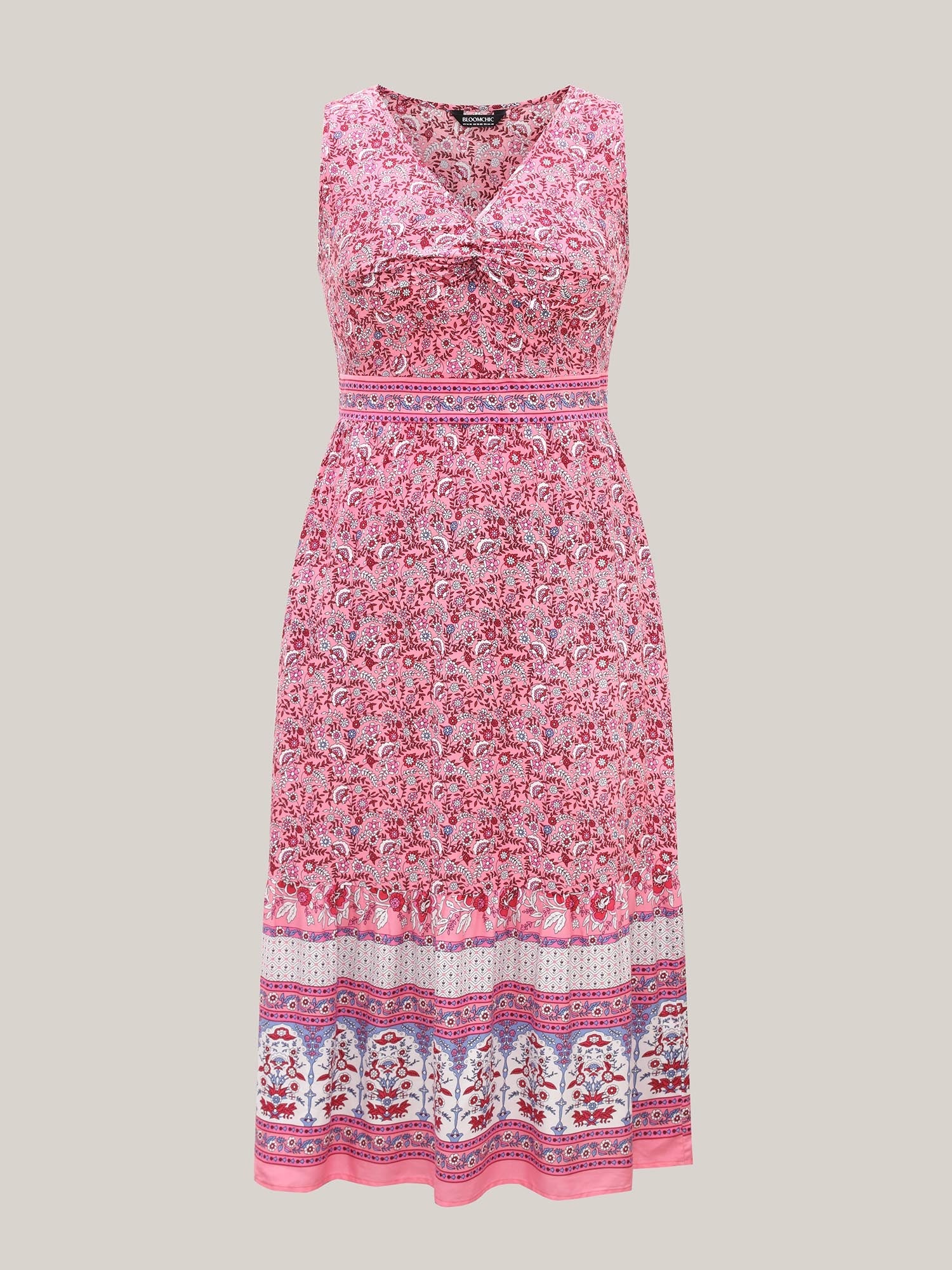 Rayon Floral Print Stretchy Waist Midi Dress
