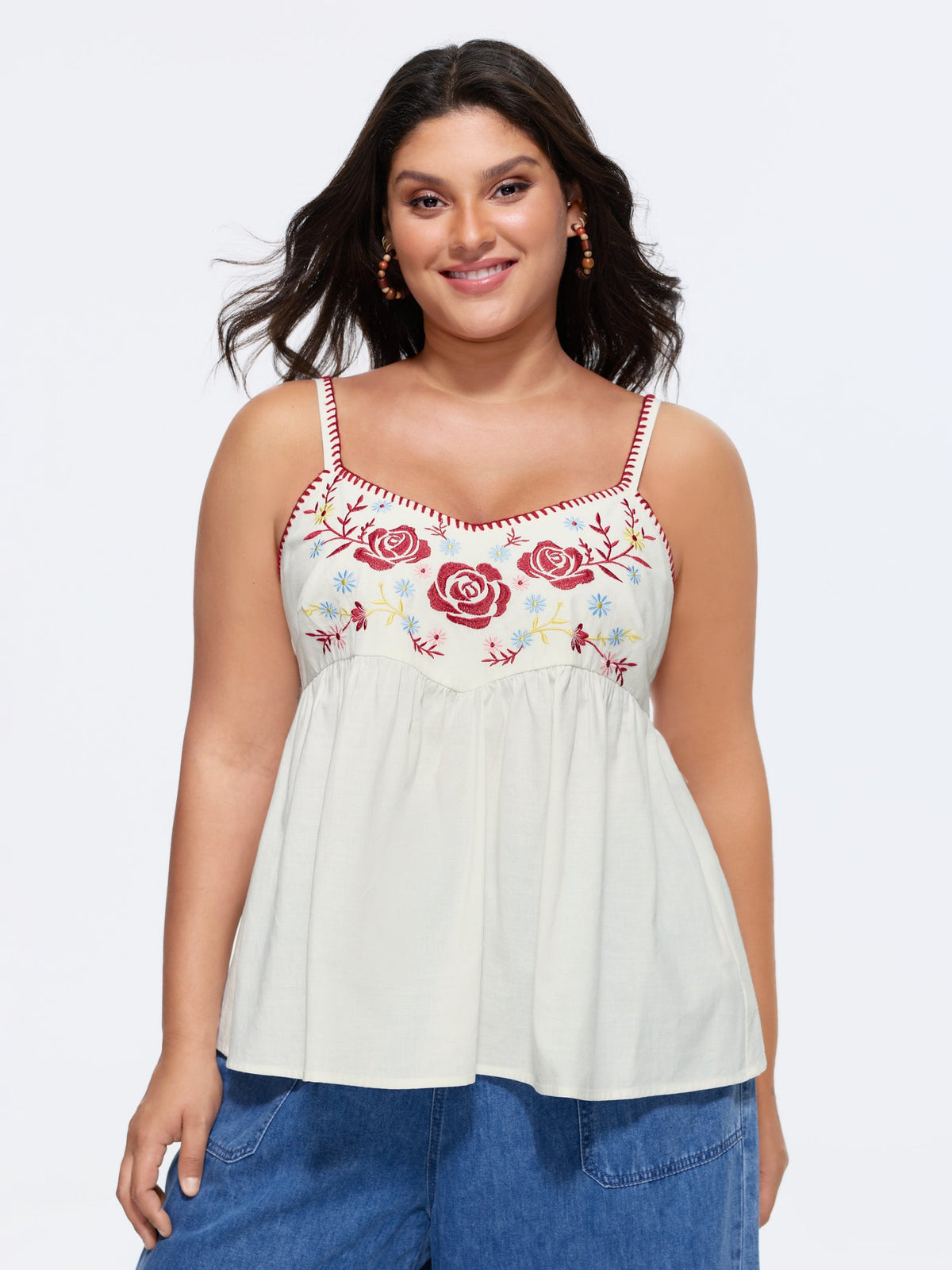 Floral Embroidered Neckline Babydoll Top
