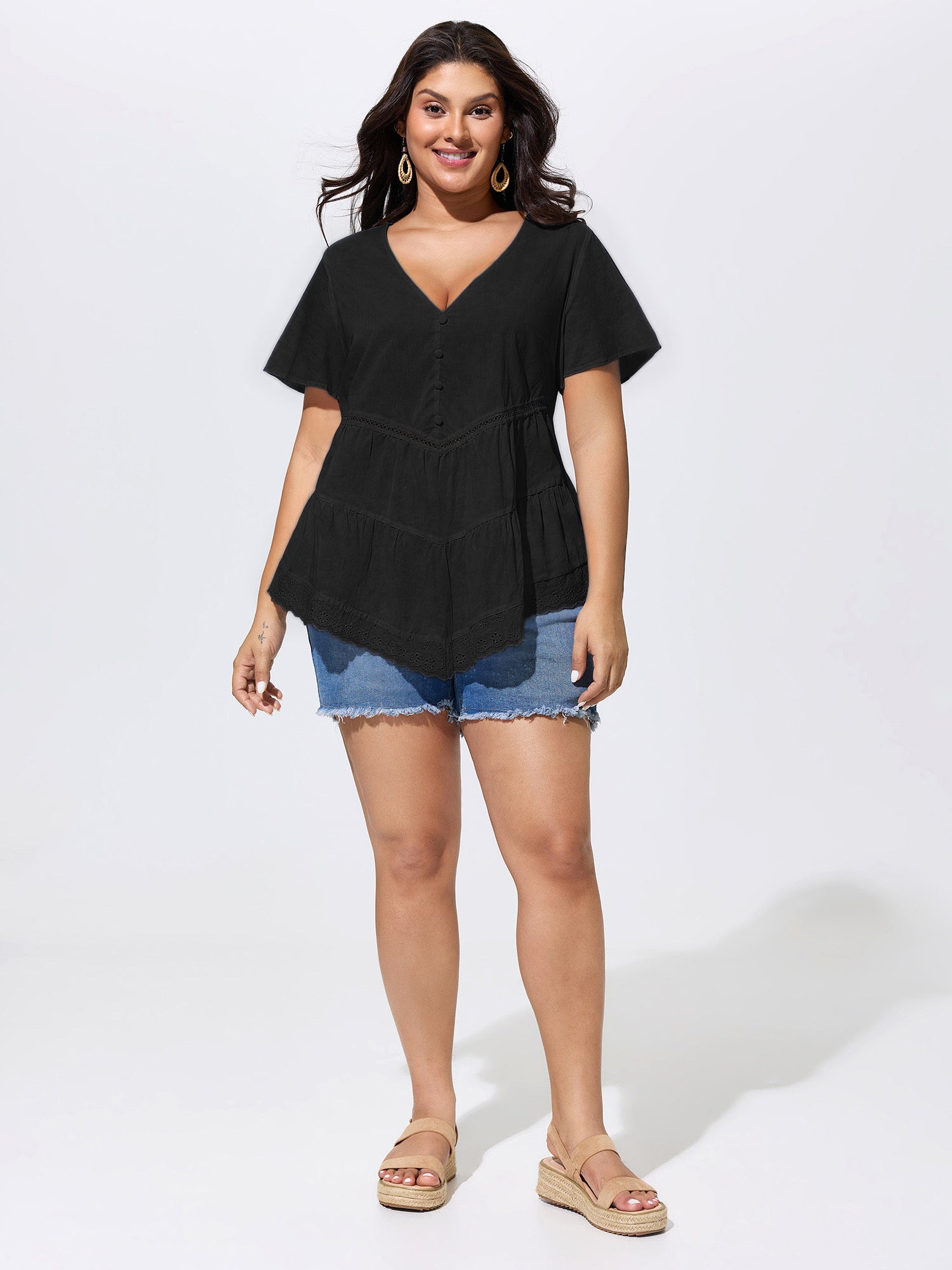 Cotton V-Neck Tiered Plain Blouse