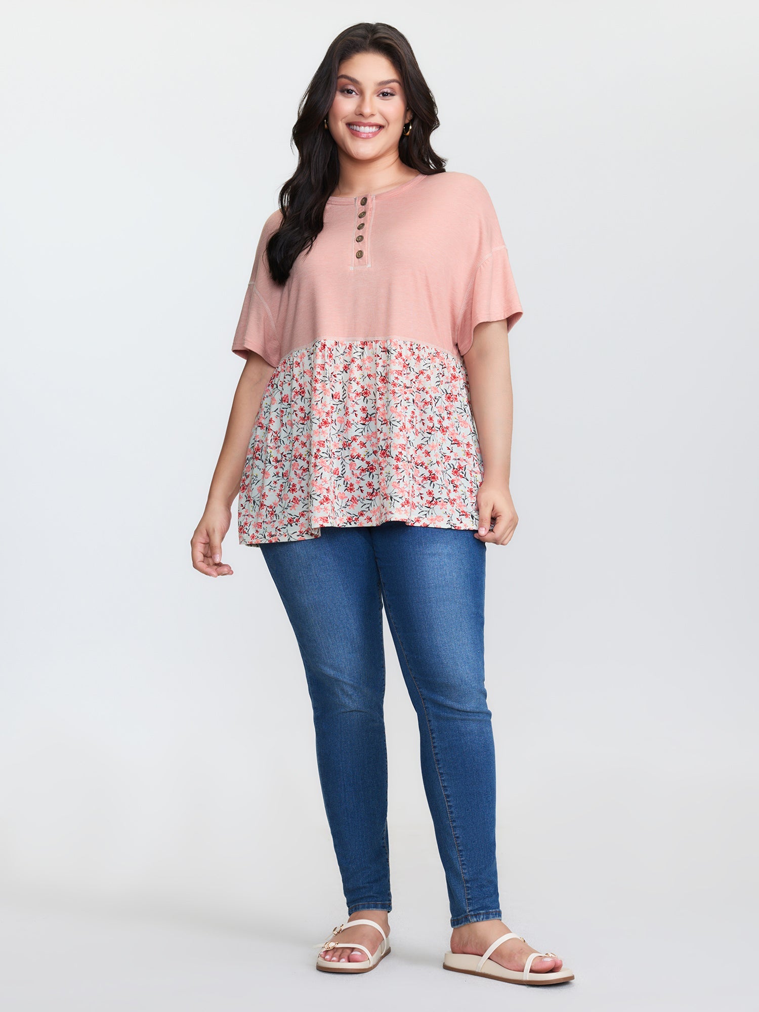 Floral Print Color Contrast Placket T-Shirt