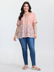 Floral Print Color Contrast Placket T-Shirt