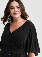 Crepe Shirred Ruffled Sleeve Mini Dress