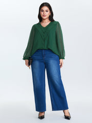 Jacquard Lace Trim V-Neck Blouse