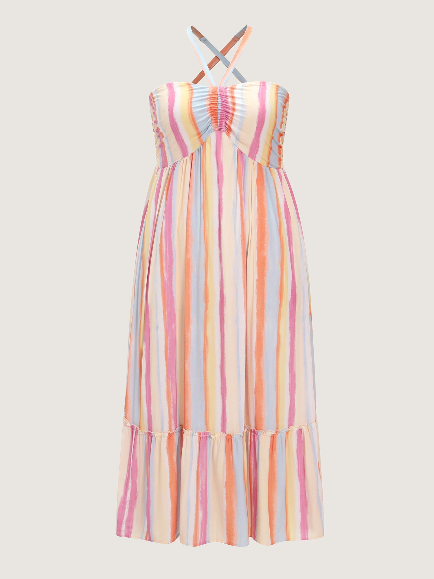 Colorful Striped Print Shirred Pockets Maxi Dress