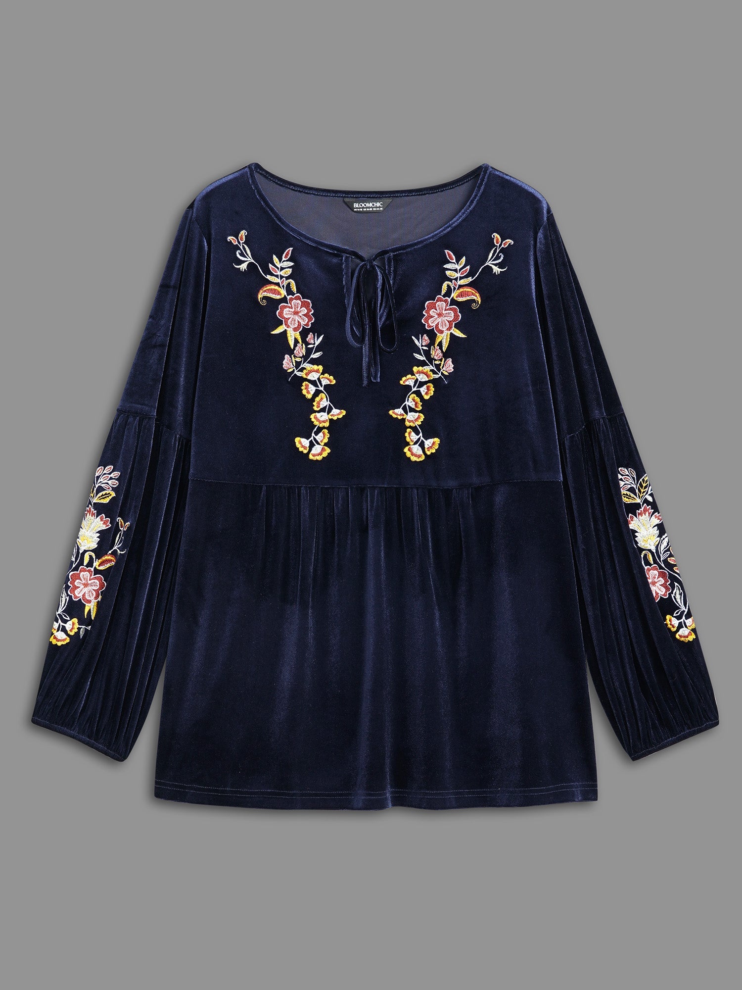 Floral Embroidered Velvet Tie Knot Blouse