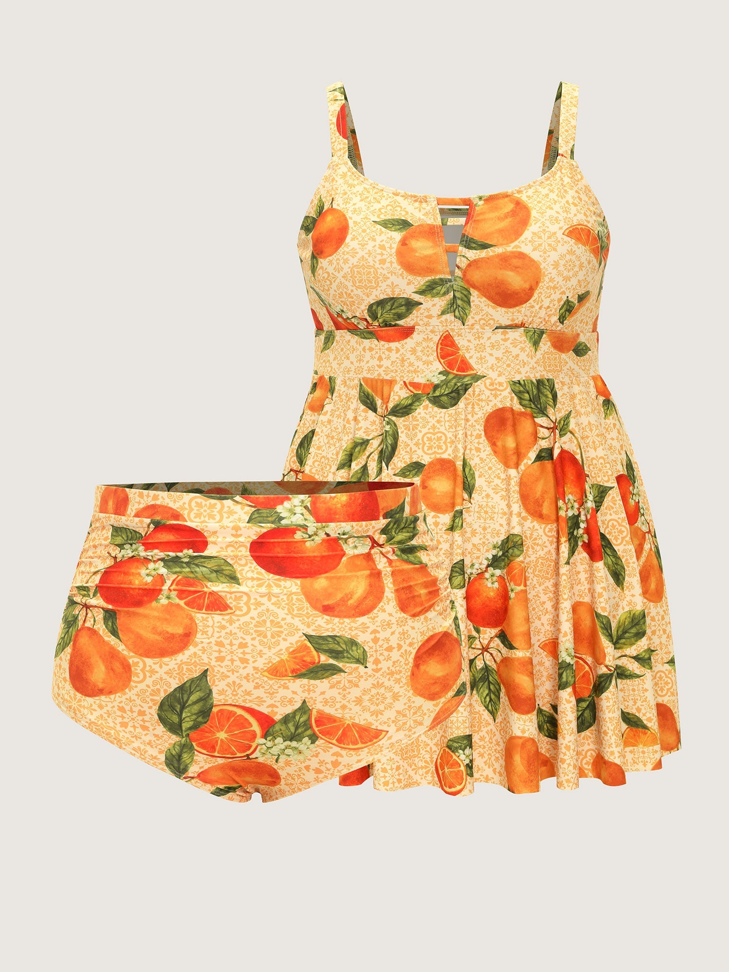 Orange Print Pockets Cut-Out Swim Dress