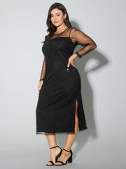 Sheer Stretchy Rhinestone Midi Party Dress