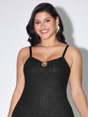 Shimmer Ribbed Gold Charm Detail Midi Dress