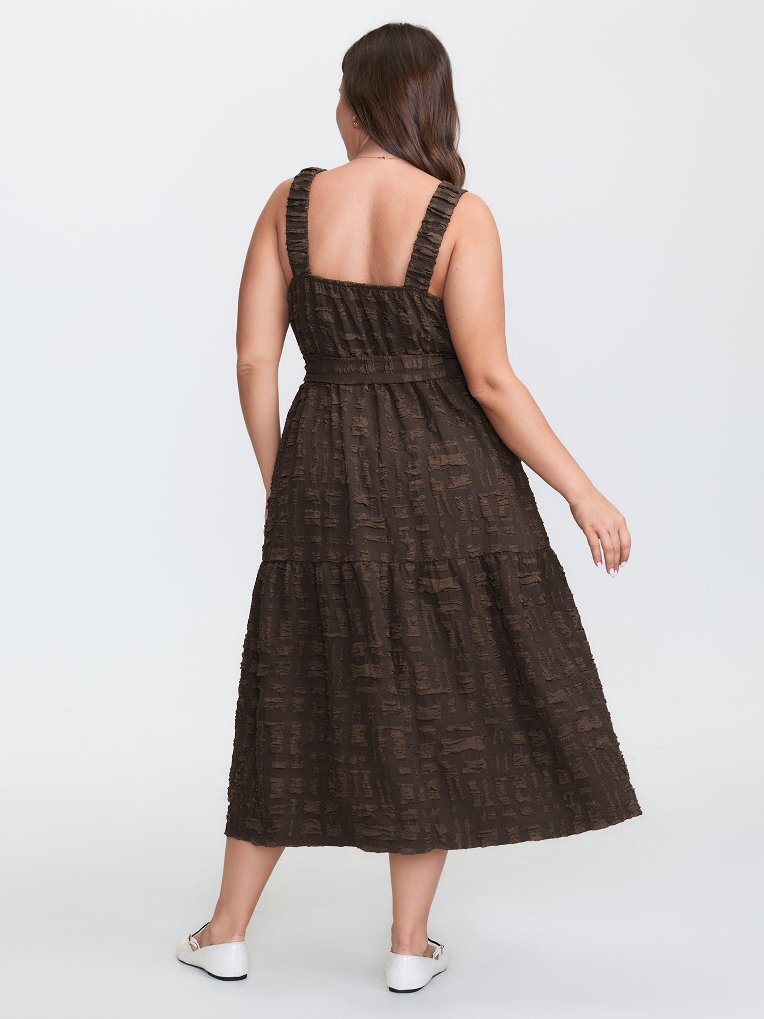 Textured Waist-Tie Square Neck Midi Dress