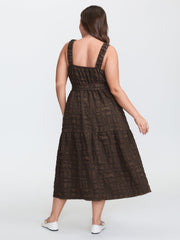 Textured Waist-Tie Square Neck Midi Dress