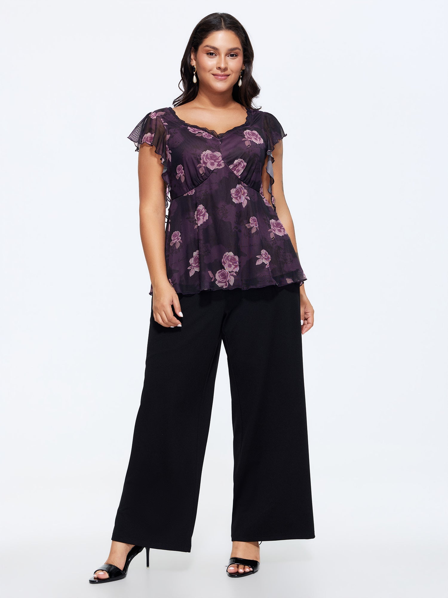 Lace Trim Floral Print Knit Top