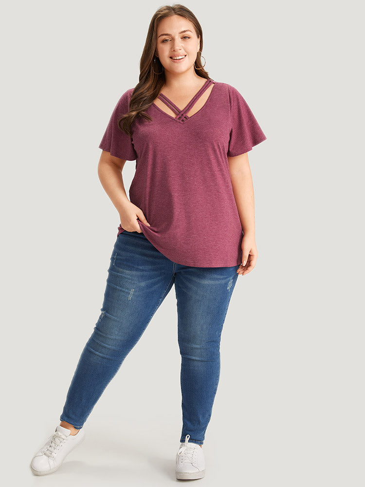 Plain Ruffle Sleeve Heather Crisscross Neck T-shirt